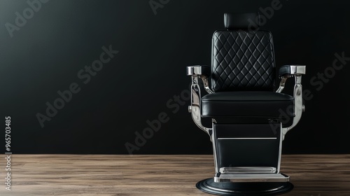 Classic vintage barber chair with black leather upholstery on a rustic wooden floor, bathed in dramatic lighting, symbolizing traditional grooming and craftsmanship