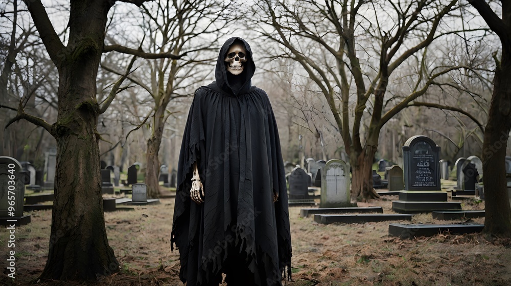 A skeletal figure in a tattered cloak, standing amidst a graveyard of twisted trees perfect for Halloween A skeletal figure in a tattered cloak, standing amidst a graveyard of twisted trees perfect for Halloween