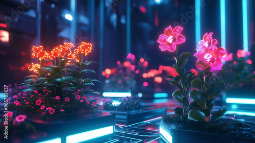 High tech futuristic garden with glowing flowers in neon lights blending digital nature and advanced technology creating vibrant cyber atmosphere with modern floral elements photo