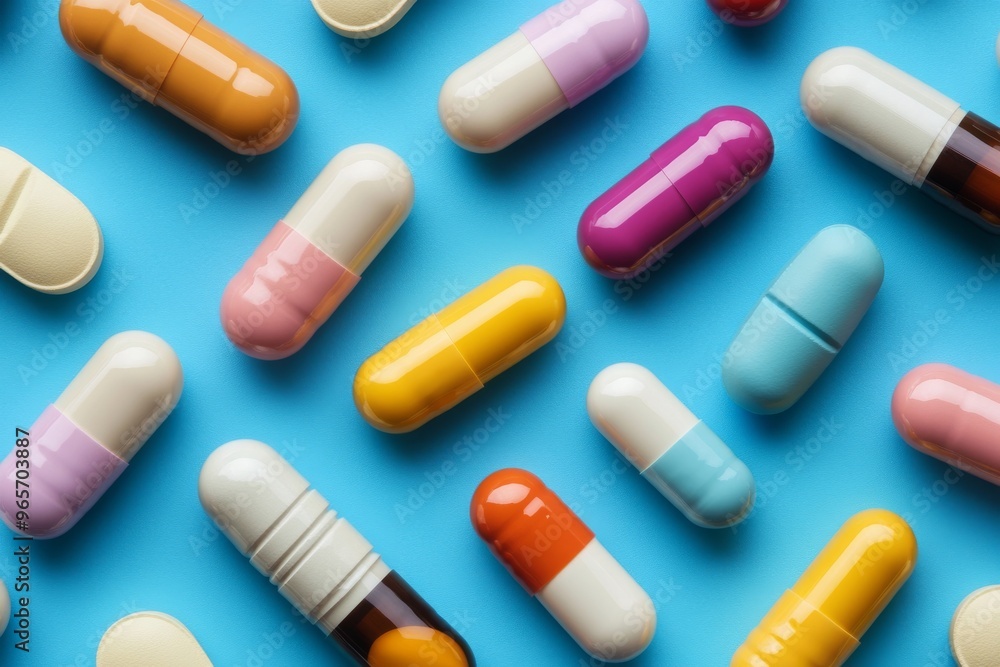 Array of Colorful Pills and Capsules on Blue Background Array of Colorful Pills and Capsules on Blue Background