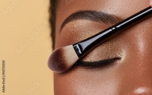 Close-up of a model applying shimmering bronze eyeshadow with a brush, soft lighting on flawless skin, perfect for beauty and cosmetics tutorials photo