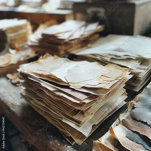 A pile of old papers on a desk, heap of ancient papers partially damaged or burned