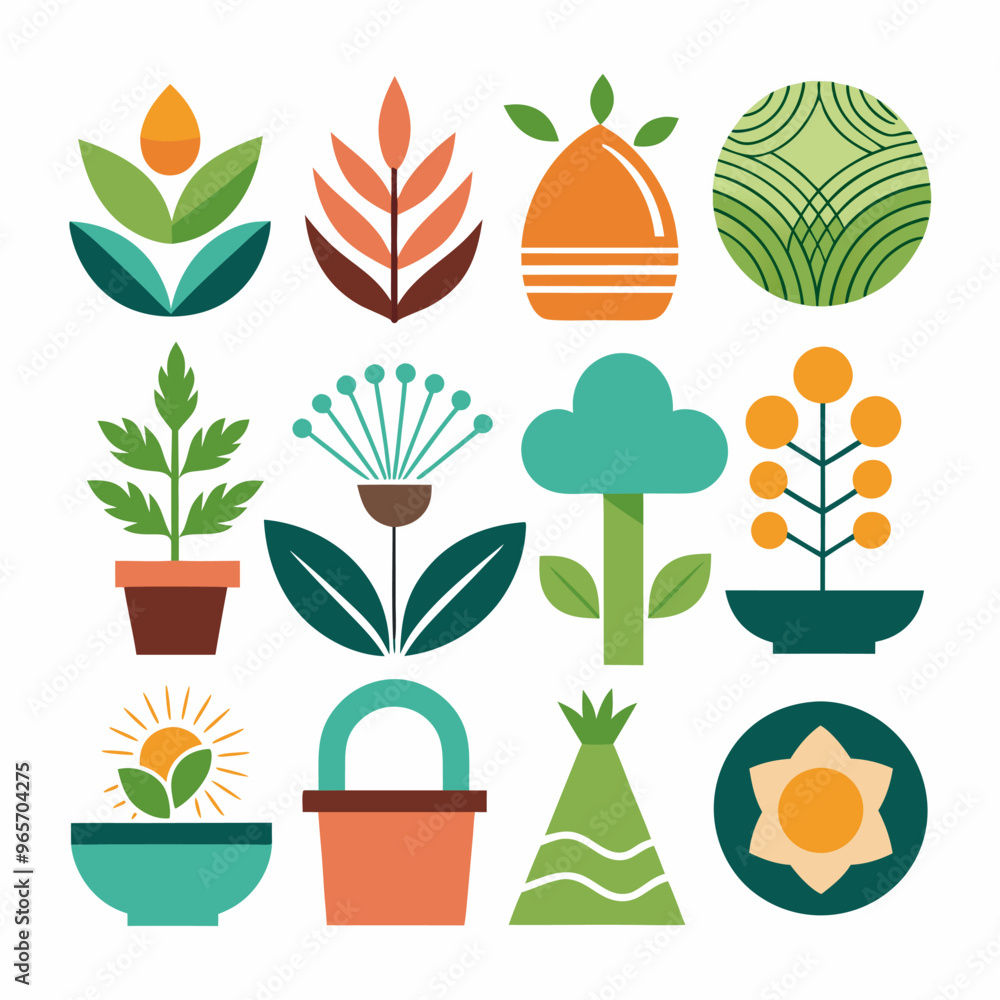 An assortment of plants and flowers placed in pots against a white backdrop An assortment of plants and flowers placed in pots against a white backdrop