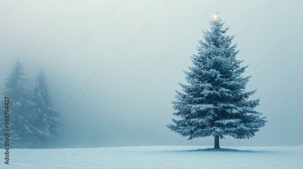 Fototapeta premium A lone, snow-covered pine tree stands tall against a misty, wintery landscape. .