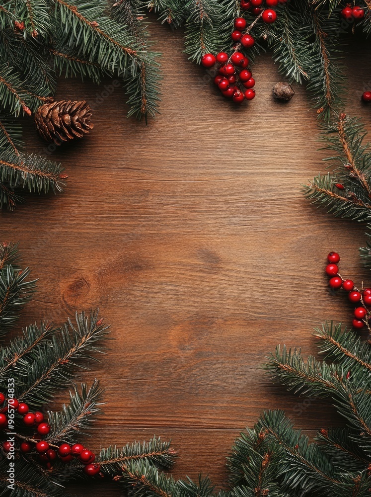 Christmas Wooden Background with Fir Branches and Red Berries, Top View, New Year's Festive Decoration Christmas Wooden Background with Fir Branches and Red Berries, Top View, New Year's Festive Decoration