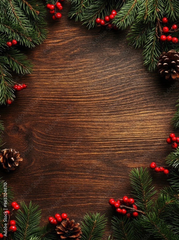 Christmas Wooden Background with Fir Branches and Red Berries, Top View, New Year's Festive Decoration Christmas Wooden Background with Fir Branches and Red Berries, Top View, New Year's Festive Decoration