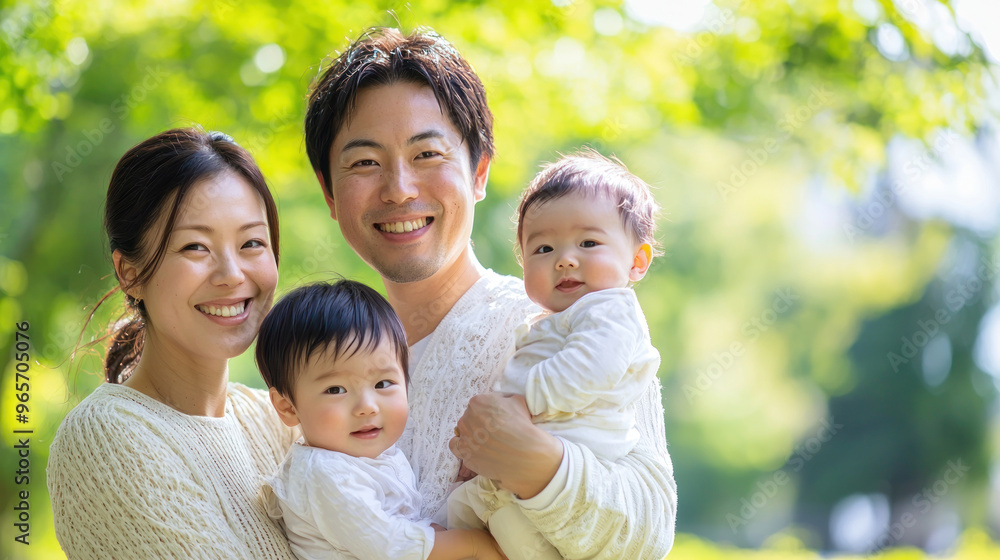 Happy Japanese family in a park. The mother is holding one child and the father is holding another baby in his arms. They are all smiling at the camera. against a green background Happy Japanese family in a park. The mother is holding one child and the father is holding another baby in his arms. They are all smiling at the camera. against a green background