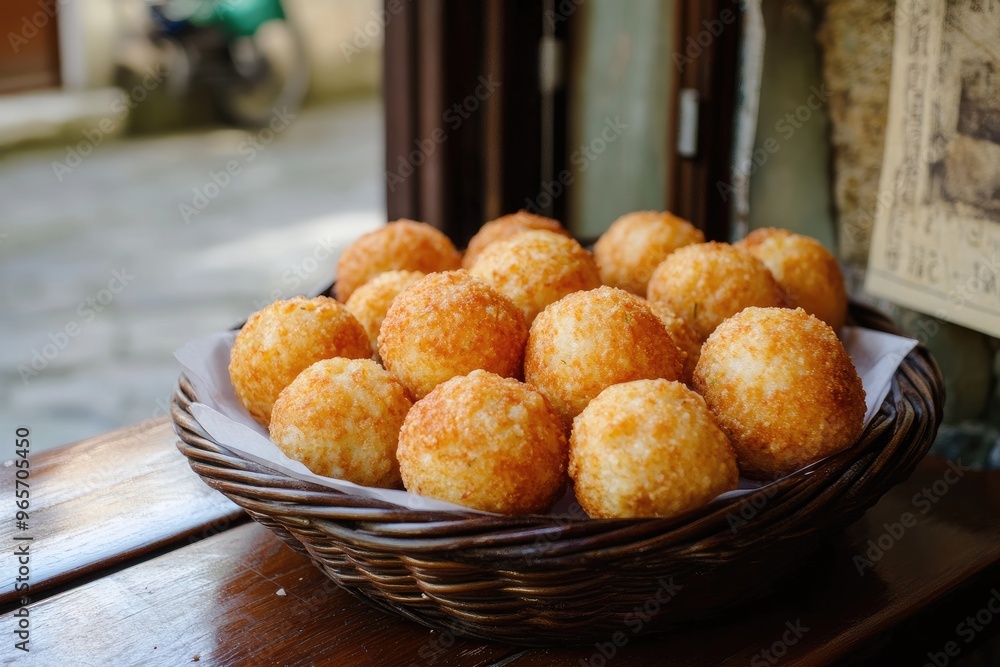 Wicker basket overflowing with delicious deep fried arancini rice balls Wicker basket overflowing with delicious deep fried arancini rice balls