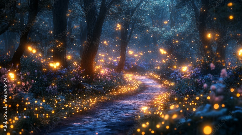 A magical forest path illuminated by fireflies, leading through the dense woods towards a mysterious destination. . A magical forest path illuminated by fireflies, leading through the dense woods towards a mysterious destination. .