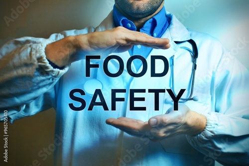 Doctor hand touching food safety sign on virtual screen. medical concept photo