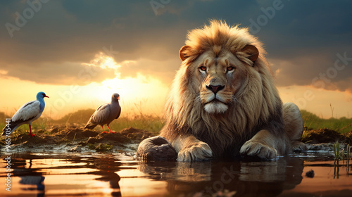 lion sits by a still pond at sunset