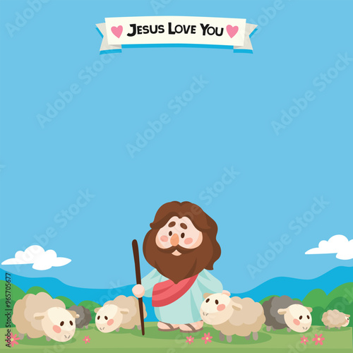 Cartoon Jesus Christ shepherding sheep on the grassland  Illustration Christianity and Catholicism