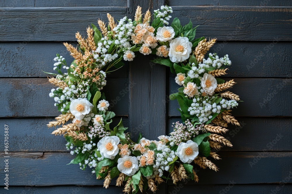 Beautiful floral wreath hanging on a rustic wooden wall Beautiful floral wreath hanging on a rustic wooden wall