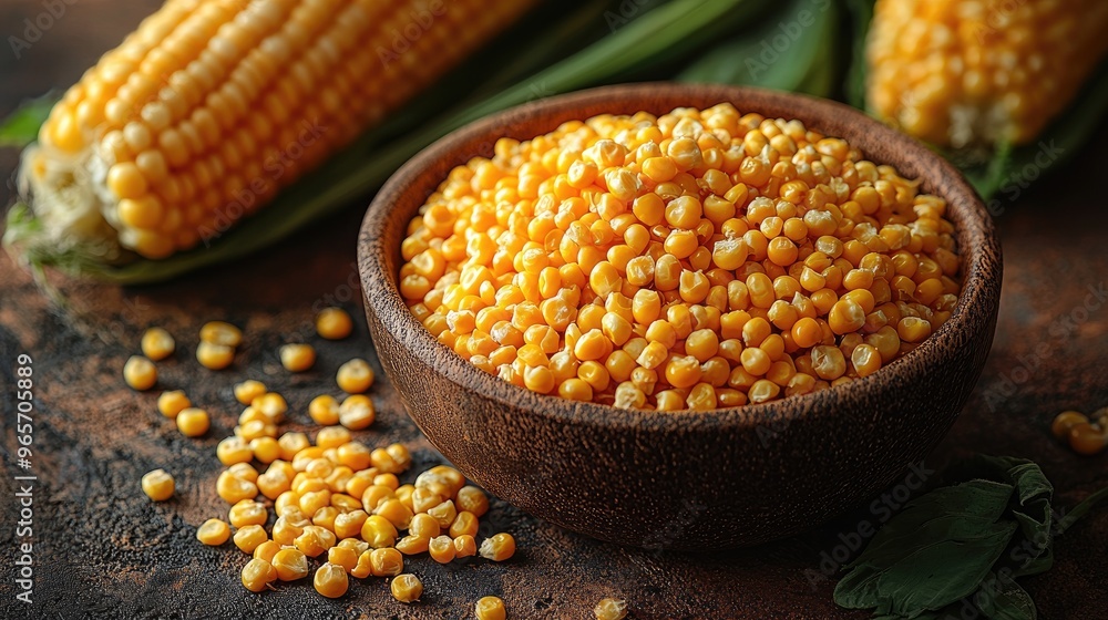 Dried corn kernels filling a bowl with corn cobs in background Dried corn kernels filling a bowl with corn cobs in background