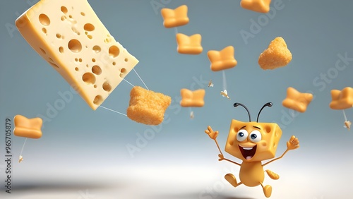 mini cheese bite could be trying to catch a flying cheese puff with a butterfly net, jumping up with a determined look, while others cheer it on. photo