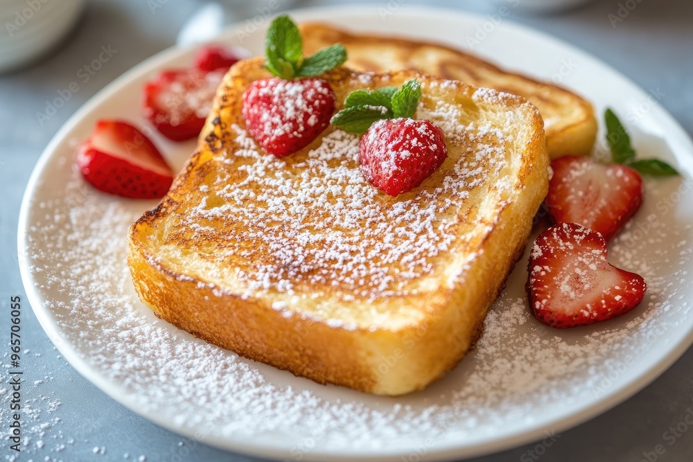 Two slices of french toast with icing sugar and fresh strawberries served on white plate Two slices of french toast with icing sugar and fresh strawberries served on white plate