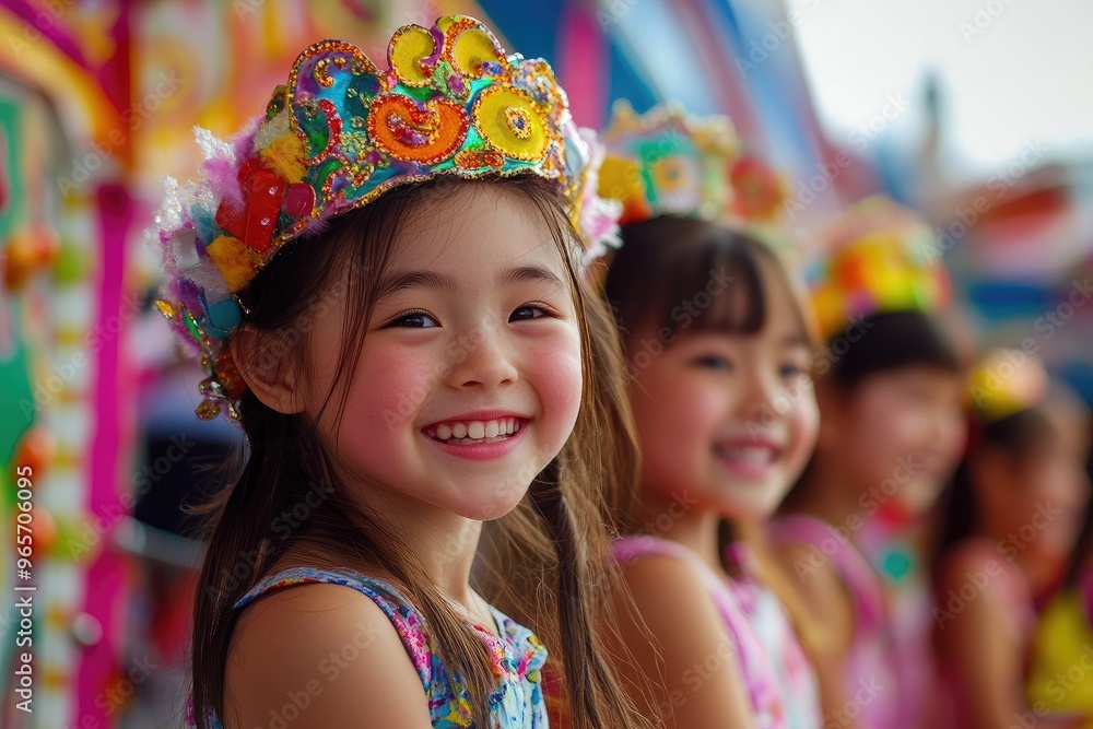Little girl smiling wearing a colorful crown at a theme park Little girl smiling wearing a colorful crown at a theme park