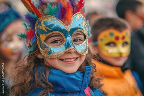 Little girl smiling and wearing a colorful venetian mask during carnival