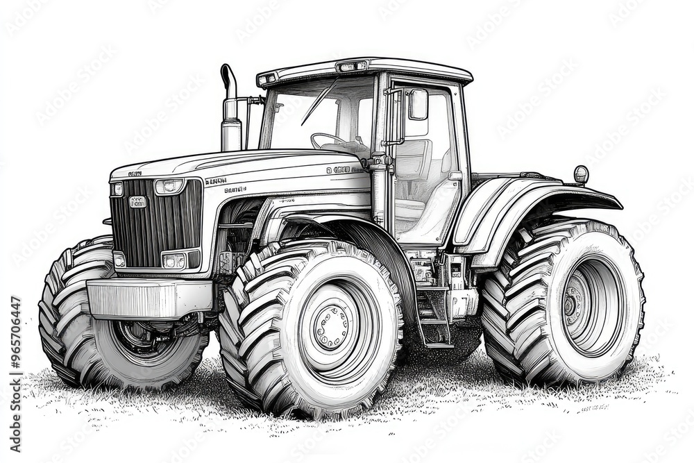 Obraz premium Powerful modern farming tractor parked in a field drawing