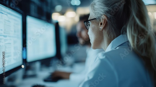 A woman with a ponytail works on her computer in a modern technology office setup, surrounded by monitors and equipment indicating a focus on code or data analysis. photo