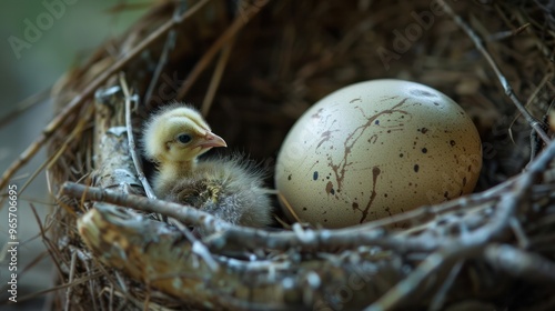 Animal hatching scene, with a chick breaking free from its egg in a nest