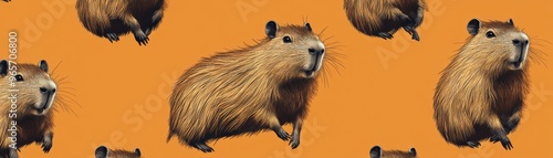 A vibrant pattern featuring playful capybaras against a bold orange background, perfect for animal lovers and unique designs.