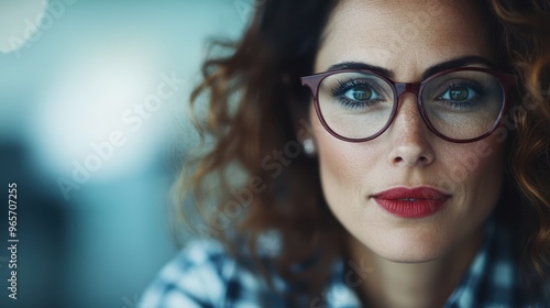 A woman with dark curly hair wearing glasses, looking straight ahead with a confident and relaxed expression, representing poise and modern elegance in an indoor setting.