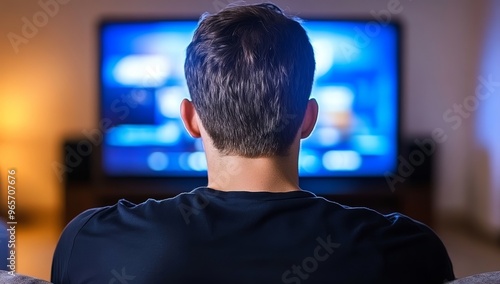 Man Watching TV In Dark Room, Sitting On Sofa