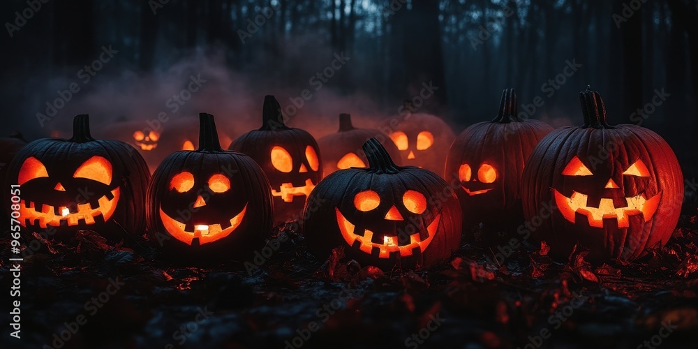 A haunting scene of glowing jack-o'-lanterns in a foggy forest, perfect for Halloween-themed projects and seasonal decorations. A haunting scene of glowing jack-o'-lanterns in a foggy forest, perfect for Halloween-themed projects and seasonal decorations.