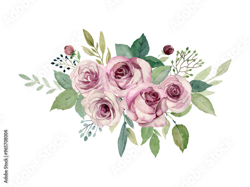 Vector watercolor bouquet of pink roses on the white background