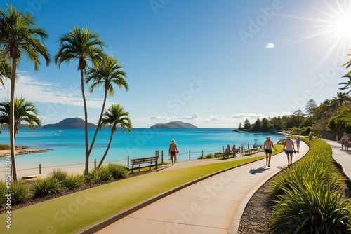 A serene pathway, lined with lush greenery and palm trees,