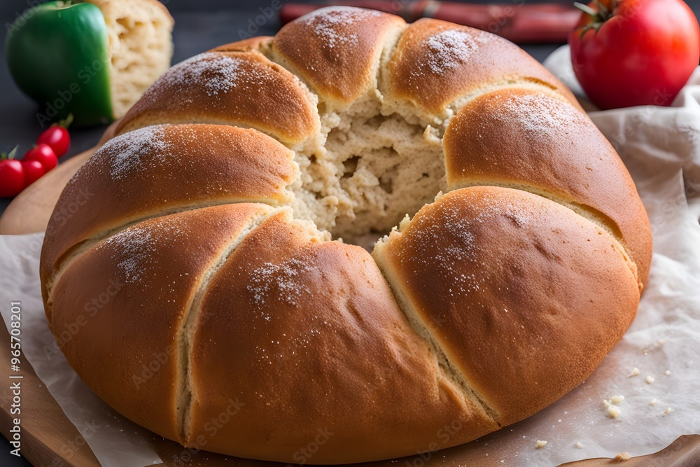 A round loaf of mexican bolillo bread with a split down the center, AI Generated A round loaf of mexican bolillo bread with a split down the center, AI Generated