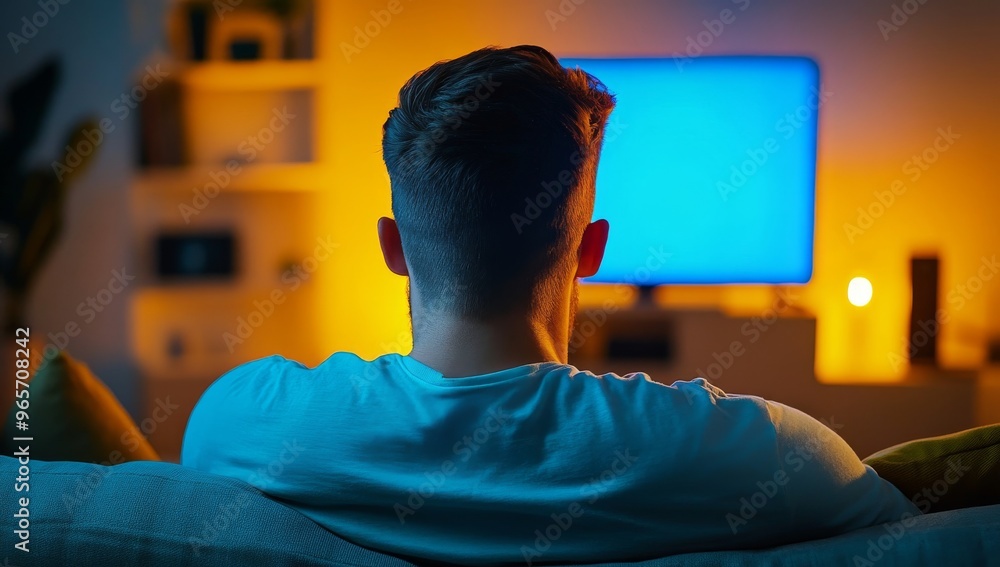 Man Watching TV In Dark Room, Sitting On Sofa Man Watching TV In Dark Room, Sitting On Sofa