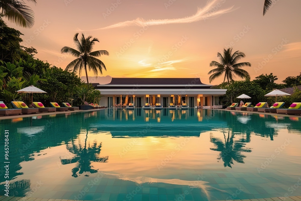 Fototapeta premium A serene sunset view of the luxury hotel's reflection on the calm surface of a turquoise swimming pool,