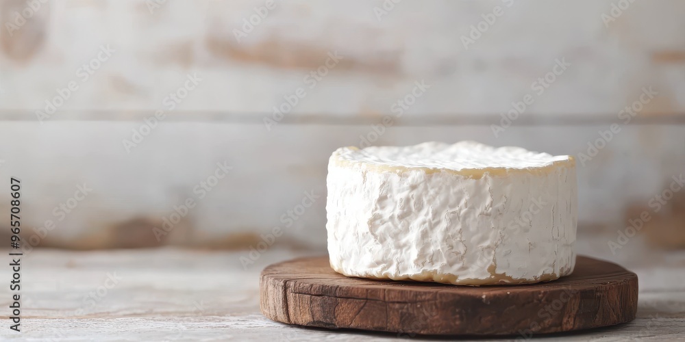 A round cheese on a rustic wooden board, perfect for culinary presentations and gourmet recipes. A round cheese on a rustic wooden board, perfect for culinary presentations and gourmet recipes.