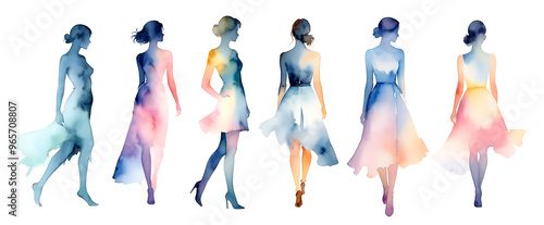 Watercolor painting  set of a female figure silhouette in flat minimalist style, isolated on transparent background. Generative AI.