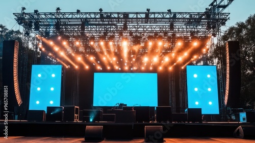 Stage modern rigging large outdoor concert with beam lights sound system and blue blank screen mockup material background wallpaper AI generated image