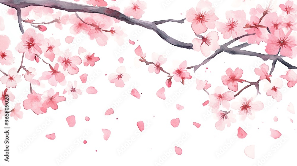 Fototapeta premium Beautiful cherry blossom branches with delicate pink flowers and petals on a white background, perfect for spring themes.