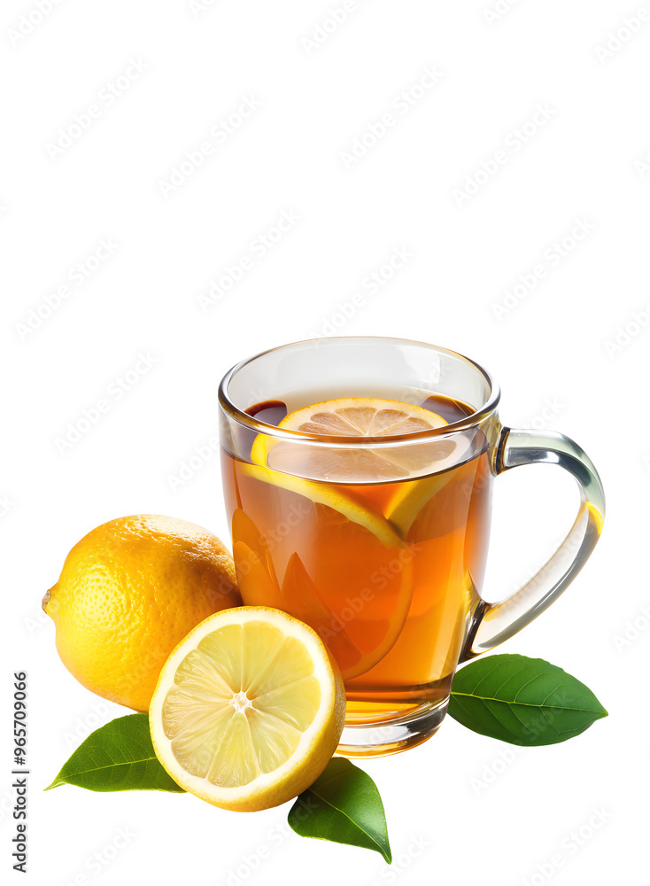 Tea with lemon in a glass mug on an isolated background, and lemon slices next to it Tea with lemon in a glass mug on an isolated background, and lemon slices next to it