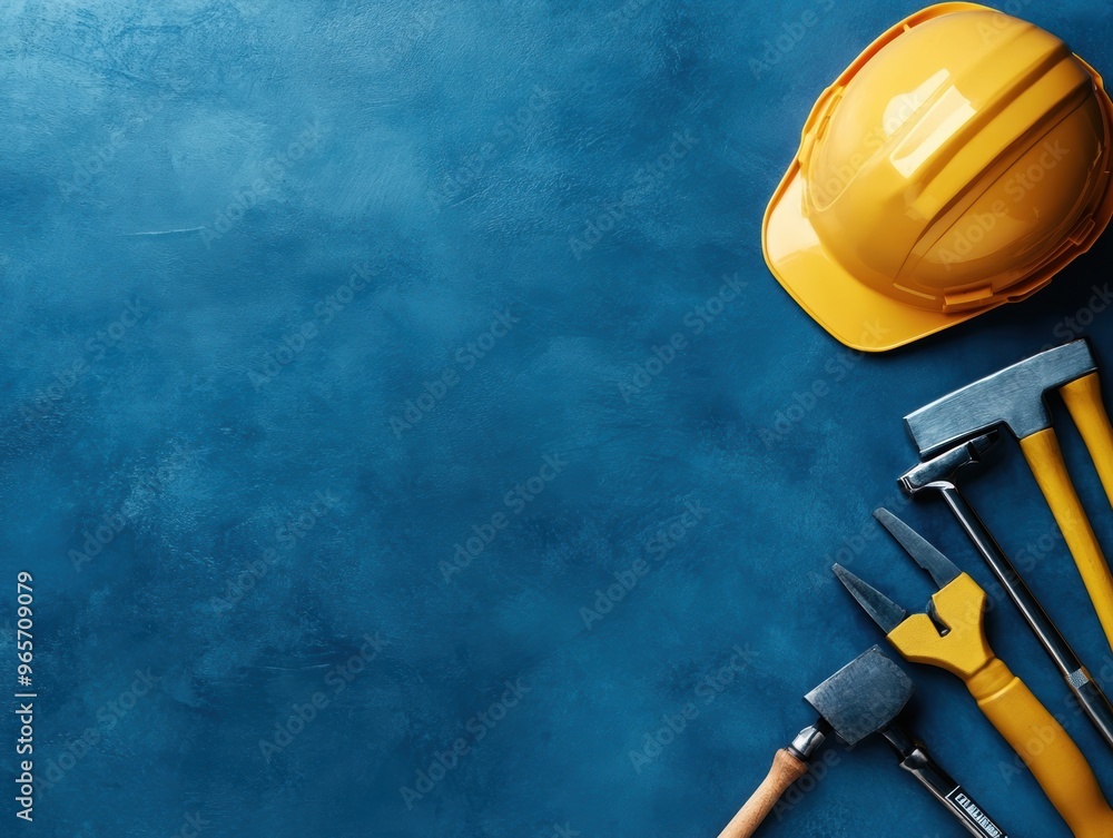 A collection of construction tools and a safety helmet on a blue background, perfect for construction or DIY projects. A collection of construction tools and a safety helmet on a blue background, perfect for construction or DIY projects.