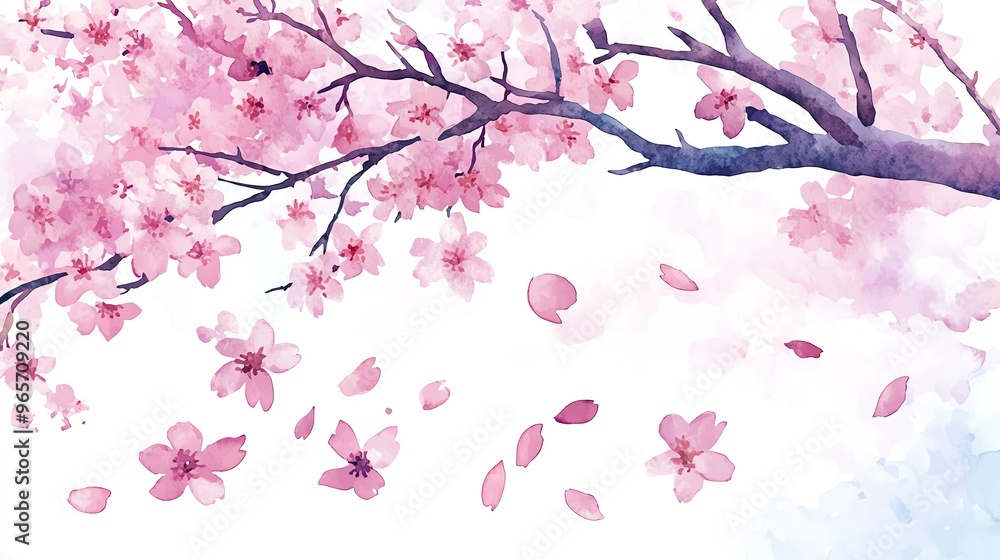 Fototapeta premium Beautiful watercolor illustration of cherry blossoms, with delicate pink petals falling against a soft white background.