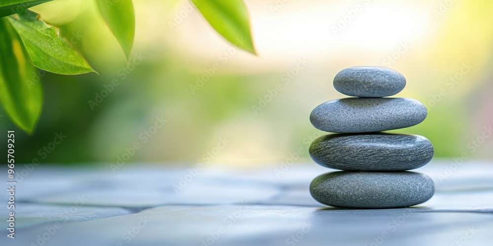 Obraz premium A serene stack of smooth stones symbolizes balance and tranquility in a peaceful natural setting with soft greenery.