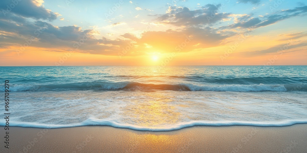 A serene sunset over the ocean, with gentle waves lapping against the sandy shore, creating a peaceful and calming atmosphere. A serene sunset over the ocean, with gentle waves lapping against the sandy shore, creating a peaceful and calming atmosphere.