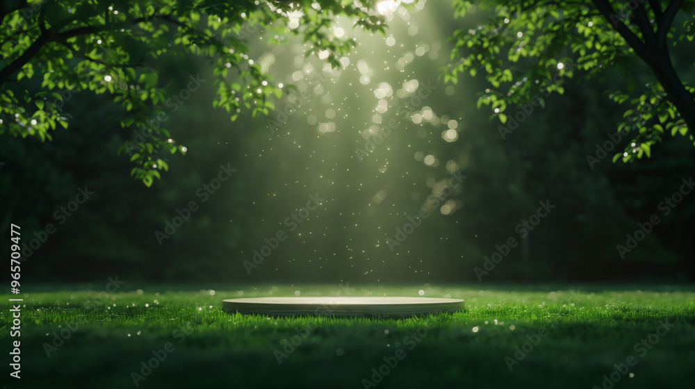 Fototapeta premium minimalist round stage, podium for product display, with green natural theme background