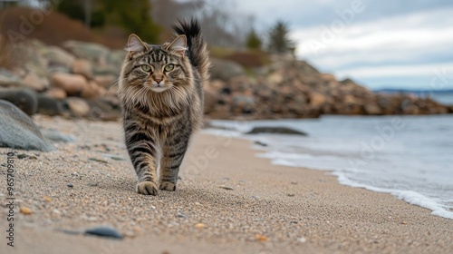 A cat walks along a sandy beach with pebbles and water in the background. photo