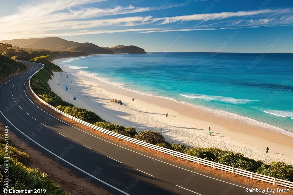 December, 2019: Panoramic view of the road along the Rainbow Bay Beach, one of the most popular beaches on the Gold Coast, Queensland, Australia. December, 2019: Panoramic view of the road along the Rainbow Bay Beach, one of the most popular beaches on the Gold Coast, Queensland, Australia.