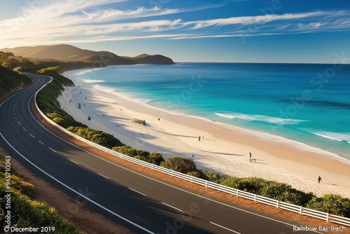 December, 2019: Panoramic view of the road along the Rainbow Bay Beach, one of the most popular beaches on the Gold Coast, Queensland, Australia. photo