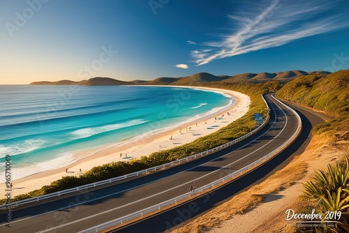 December, 2019: Panoramic view of the road along the Rainbow Bay Beach, one of the most popular beaches on the Gold Coast, Queensland, Australia.