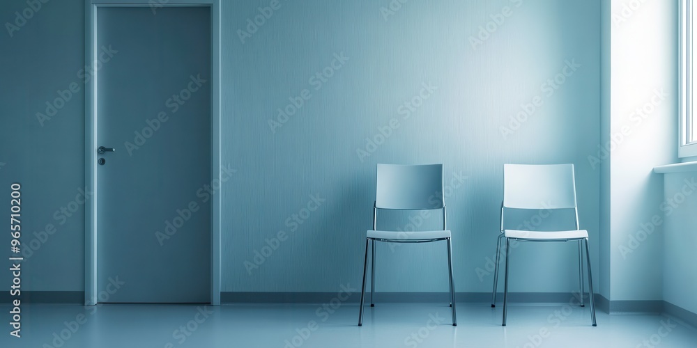 Fototapeta premium A tranquil blue room featuring two minimalist chairs beside a wooden door and a large window, evoking calm and simplicity.