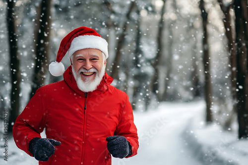 active winter lifestyle and sport outdoor, sportive person running in the park in christmas holiday vacation, senior elderly man looking at camera